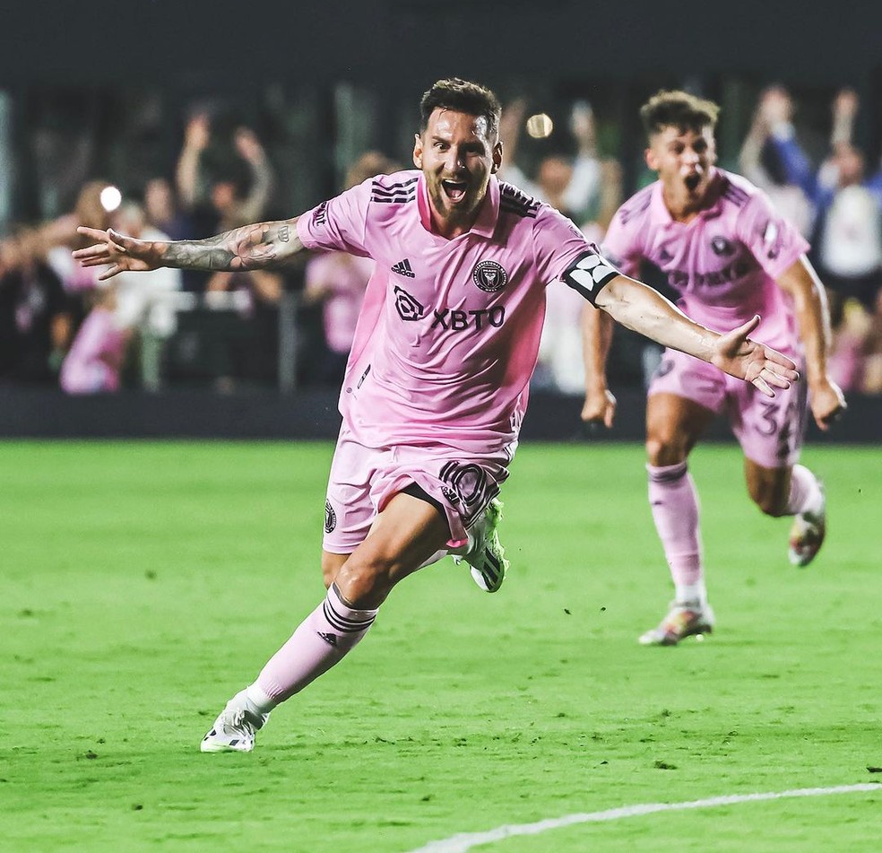 Lionel Messi celebra seu gol na estreia pelo Inter Miami — Foto: Reprodução/Instagram