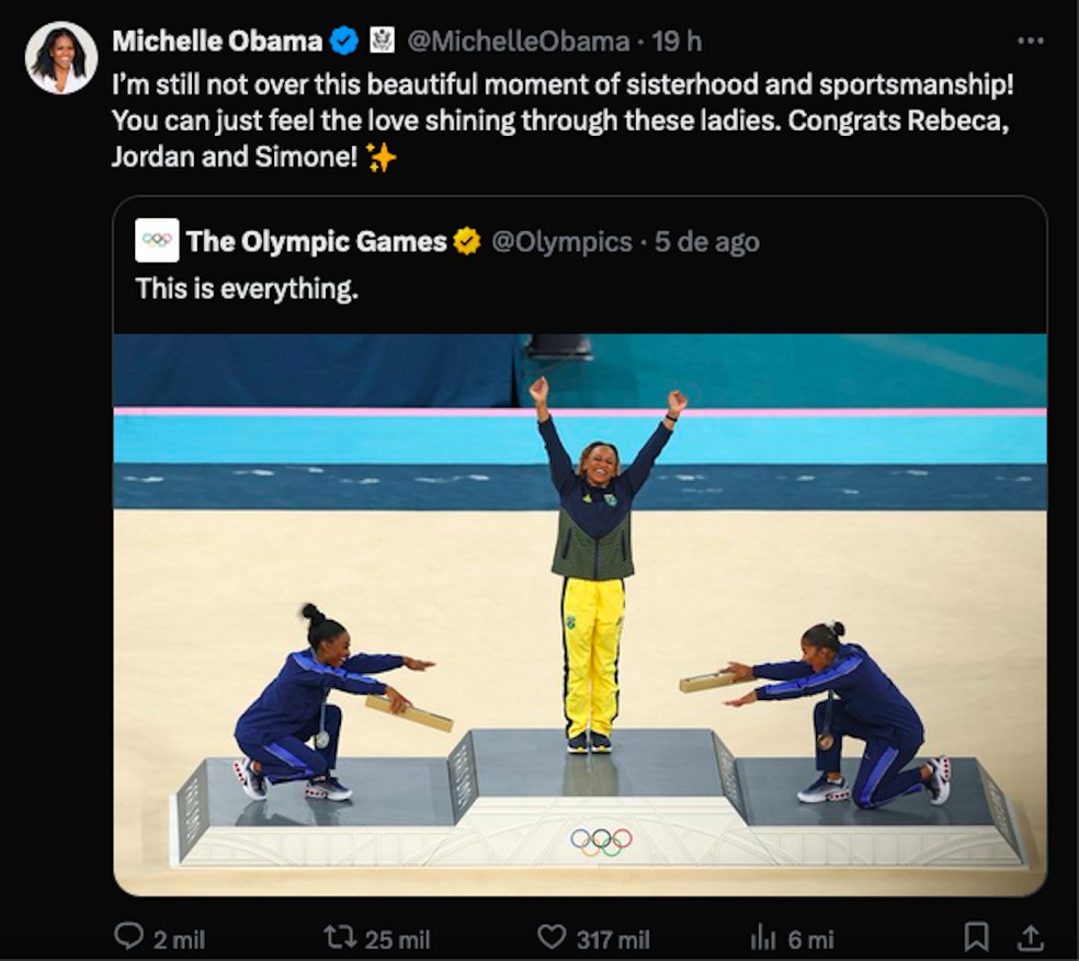 O post de Michelle Obama celebrando a homenagem de Simone Biles e Jordan Chiles à brasileira Rebeca Andrade — Foto: X/Twitter