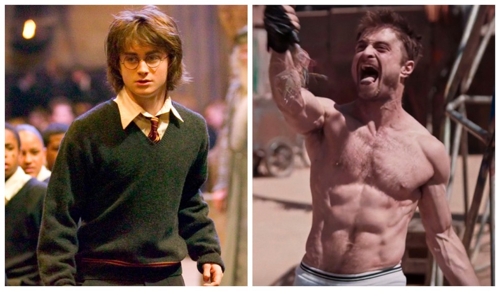 Daniel Radcliffe como Harry Potter e na série Miracle Workers — Foto: Reprodução