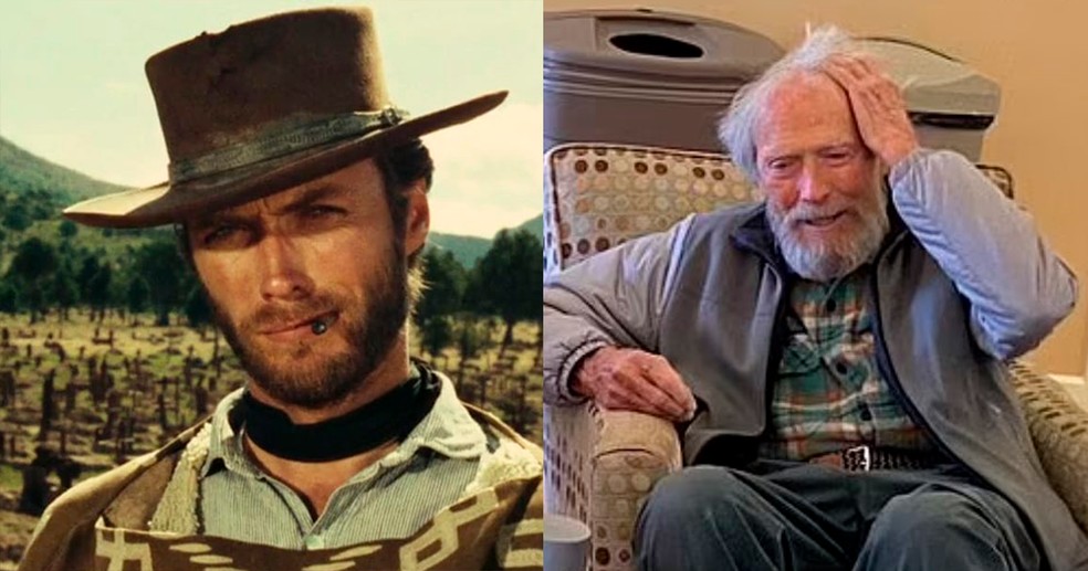 Clint Eastwood em 'Três Homens em Conflito' (1966), quando tinha por volta de 35 anos; e em aparição pública em 2024, aos 93 anos — Foto: divulgação e reprodução/LinkedIn