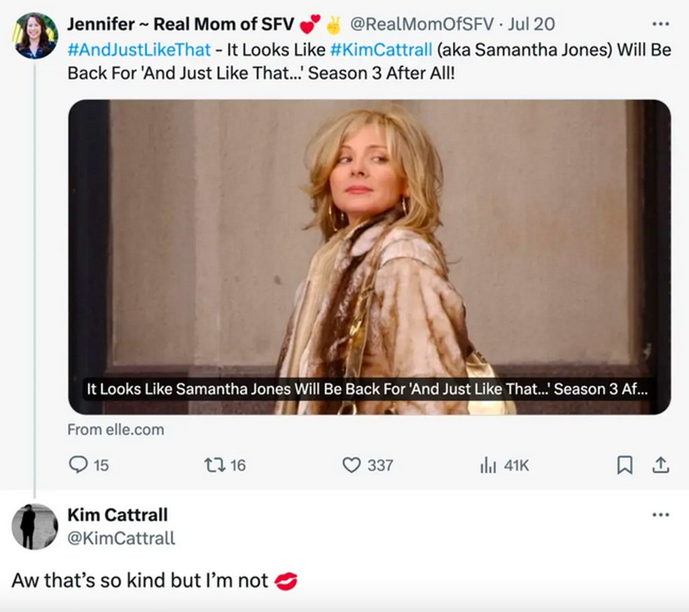 A resposta de Kim Cattrall à fã sobre seu possível retorno ao spin-off de Sex and The City — Foto: X/Twitter