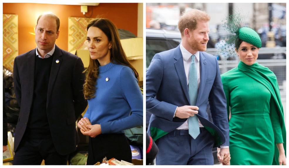 O Príncipe William com a Princesa Kate Middleton e o Príncipe Harry com a atriz e duquesa Meghan Markle — Foto: Getty Images