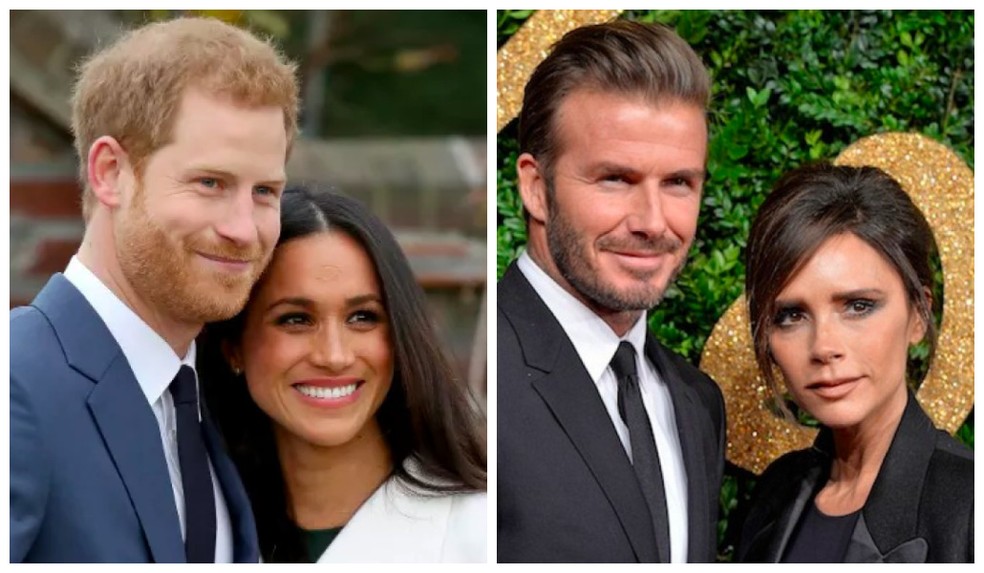 Os casais compostos pelo Príncipe Harry e pela atriz Meghan Markle e pelo ex-jogador de futebol David Beckham e pela cantora e estilista Victoria Beckham  — Foto: Getty Images