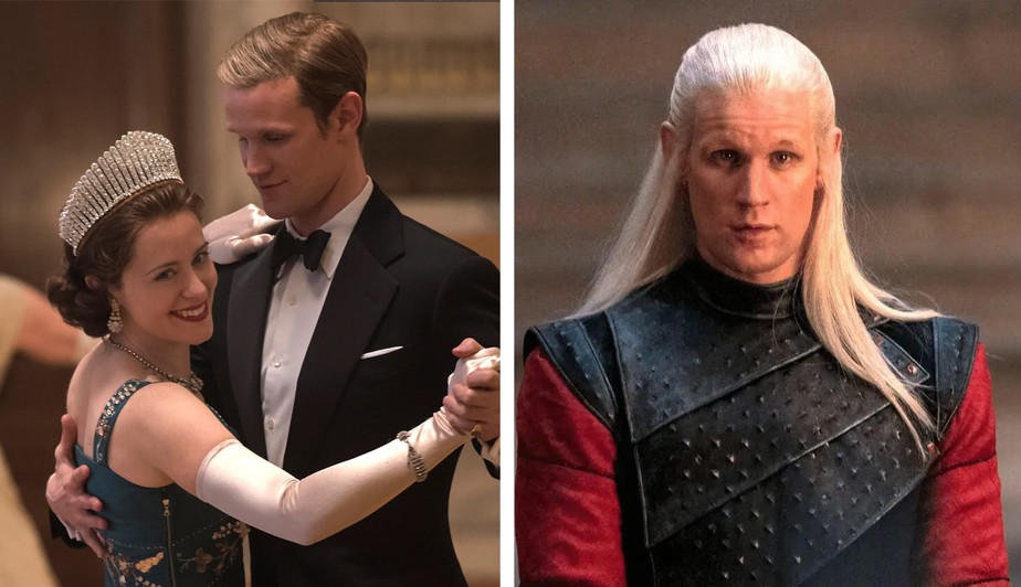 Claire Foy e Matt Smith em The Crown (à esquerda); Matt Smith como Daemon Targaryen em A Casa do Dragão (à direita)