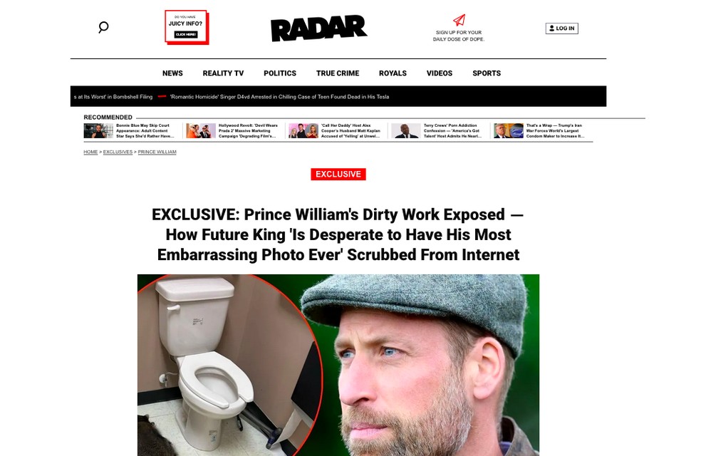 A reportagem do Radar Online sobre a foto que aterroriza o Príncipe William — Foto: Reprodução