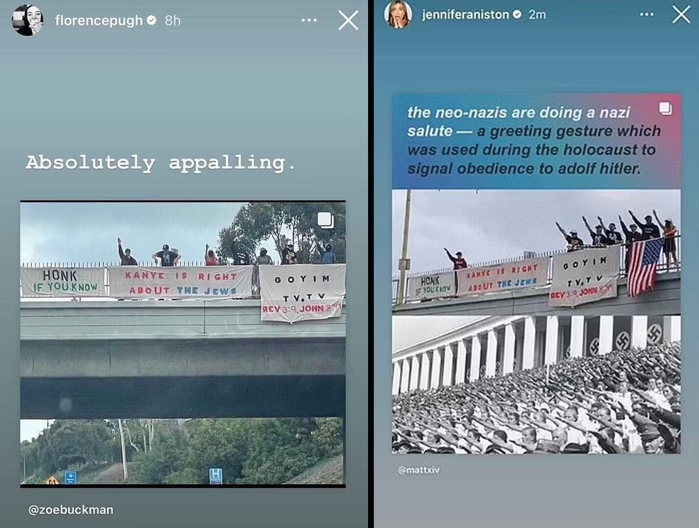 As publicações de Florence Pugh e Jennifer Aniston condenando a manifestação antissemita em Los Angeles no final de semana passado — Foto: Instagram