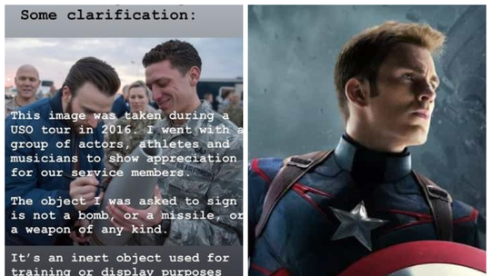 Chris Evans, o Capitão América da Marvel, quebra silêncio sobre foto viral autografando bomba: 'Desinformação'