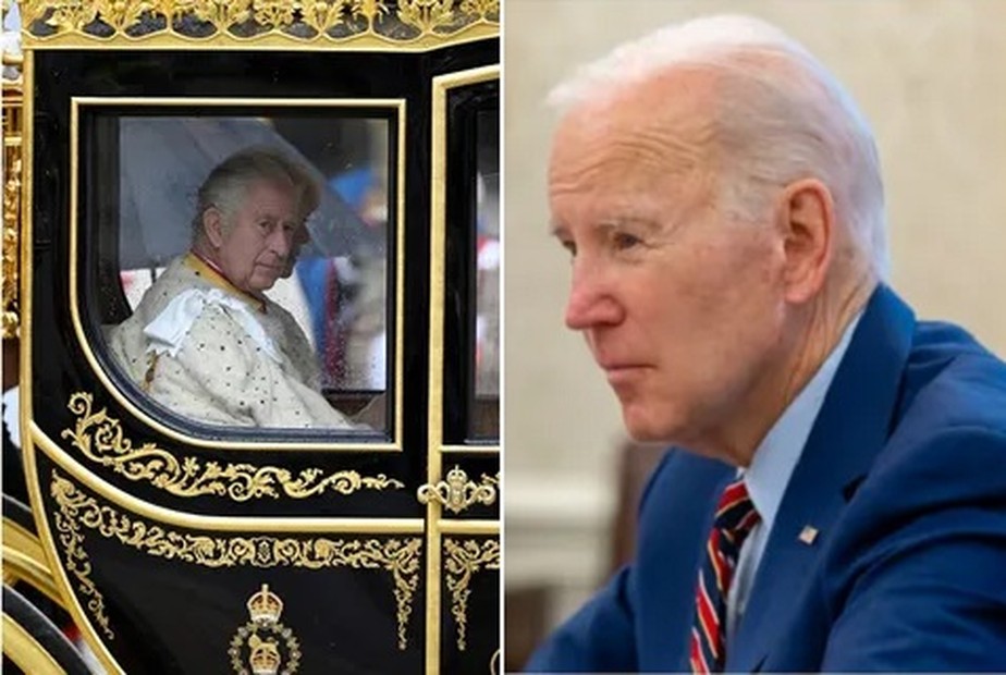 Rei Charles III em sua coroação; e Joe Biden, presidente dos EUA, notável ausência no evento real