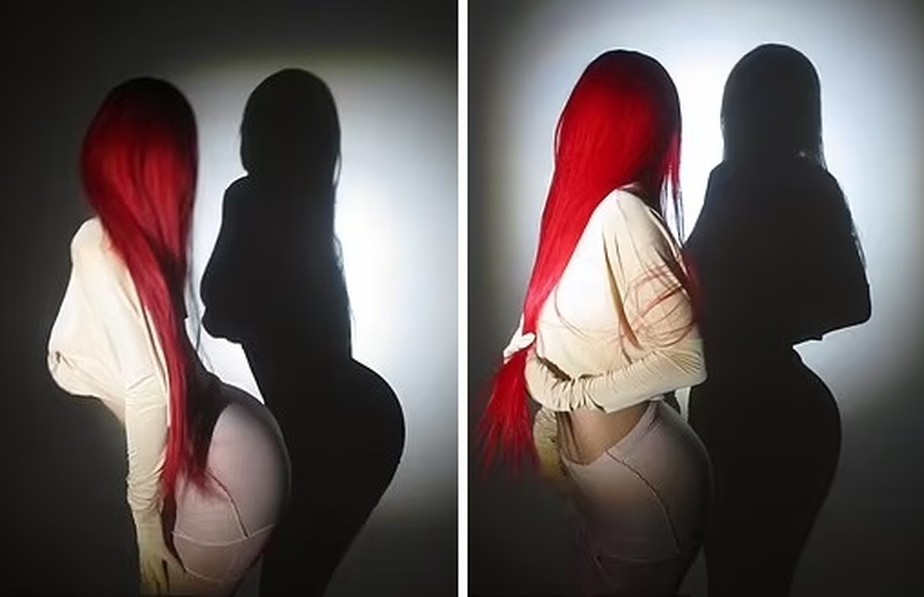Kylie Jenner brincando com a sombra enquanto veste peruca vermelha