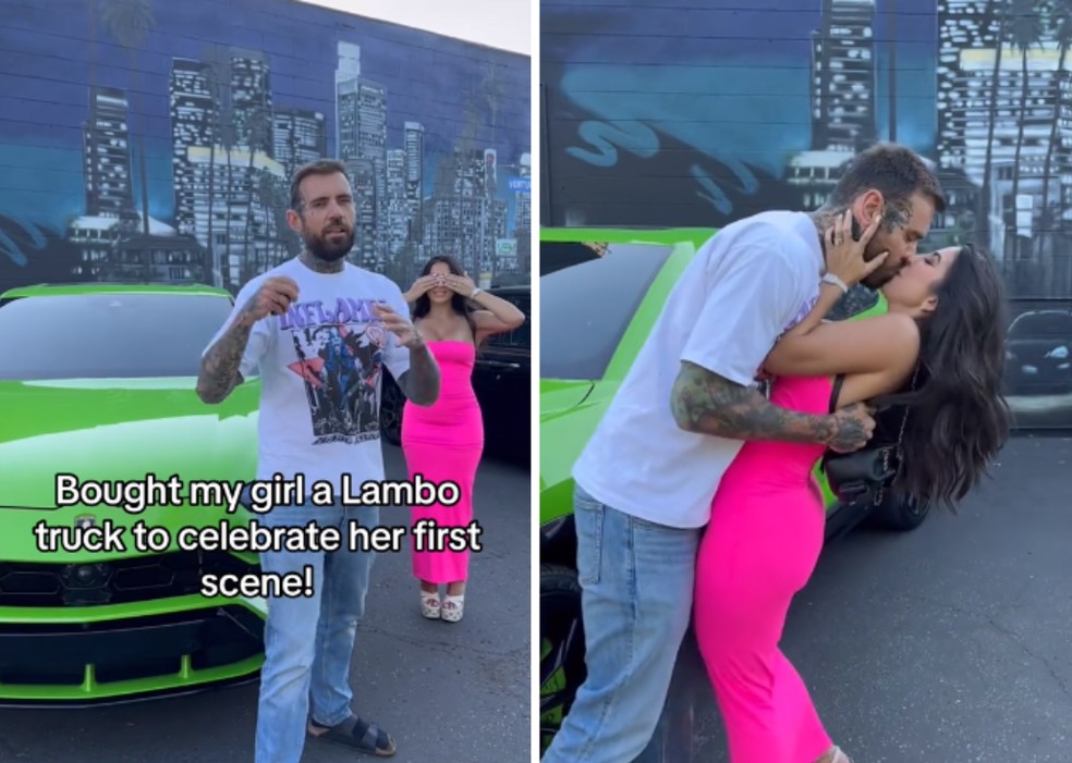 O youtuber Adam Grandmaison presenteia a esposa, Lena, com um Lamborghini — Foto: Reprodução/TikTok