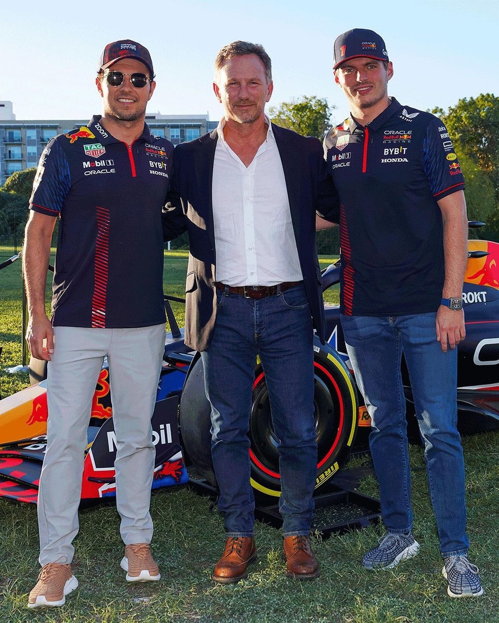 Sergio Pérez, Christian Horner e Max Verstappen — Foto: Reprodução/Instagram
