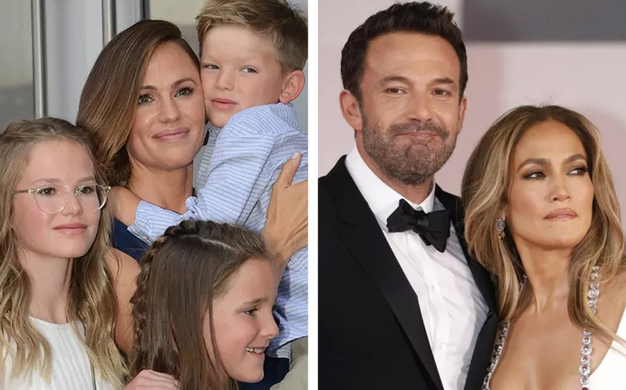 Jennifer Garner com os três filhos que ela divide com Ben Affleck (à esquerda); à direita, o ator com sua atual esposa, Jennifer Lopez
