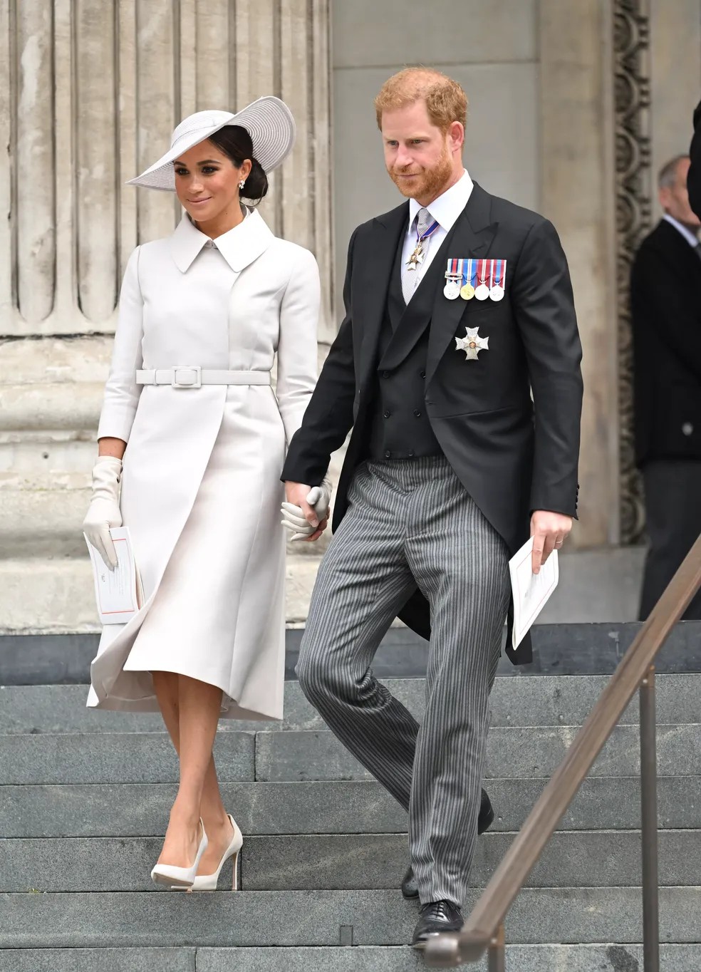 Meghan Markle e o príncipe Harry foram à missa especial na Catedral St. Paul durante as celebrações do Jubileu de Platina da rainha Elizabeth II — Foto: Getty Images