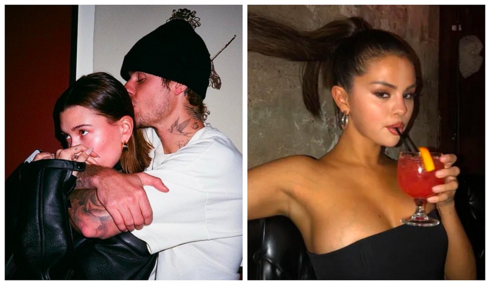 Justin Bieber com a esposa, a modelo Hailey Baldwin Bieber, e a ex-namorada dele, a cantora Selena Gomez — Foto: Instagram