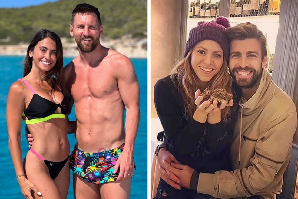 Messi e sua esposa, Antonela Roccuzzo; Shakira e Piqué, que se separaram em 2021 — Foto: Reprodução/Instagram