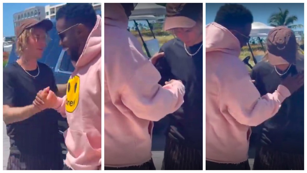 Registros do vídeo no qual Diddy aparece "revistando" o amigo Justin Bieber — Foto: Reprodução