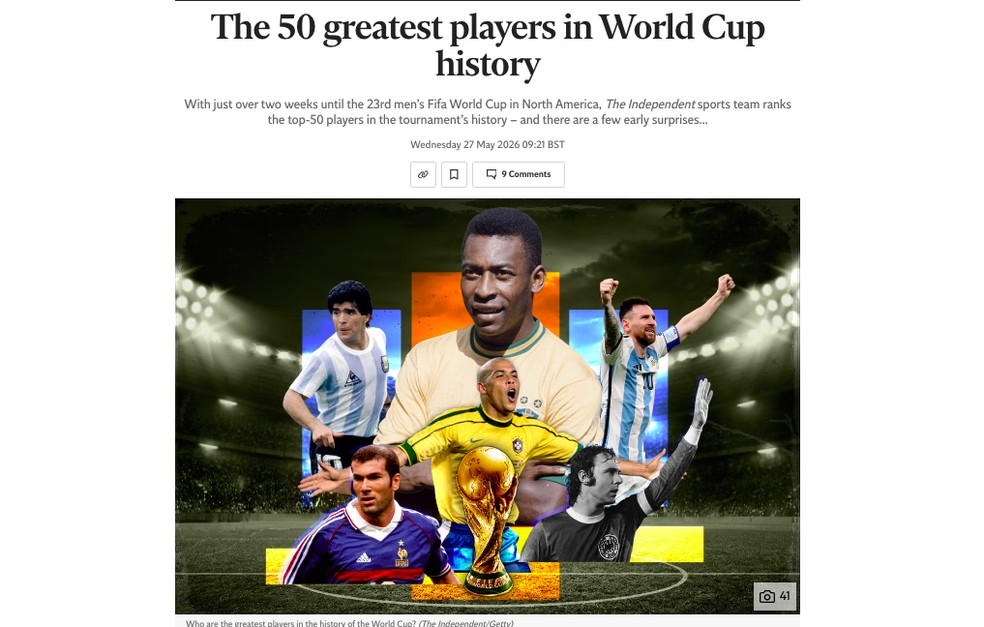A lista do jornal The Independent com os 50 maiores nomes da história das Copas do Mundo — Foto: Reprodução