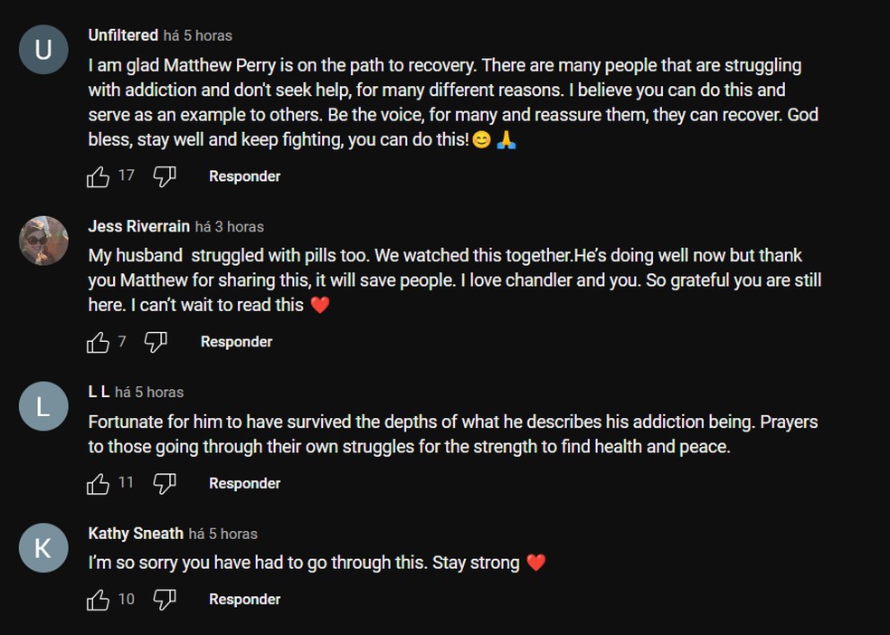 Comentários de apoio a Matthew Perry — Foto: reprodução / YouTube