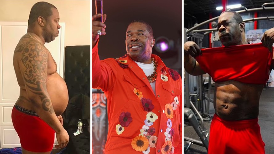 O rapper Busta Rhymes antes e depois de sua perda de peso