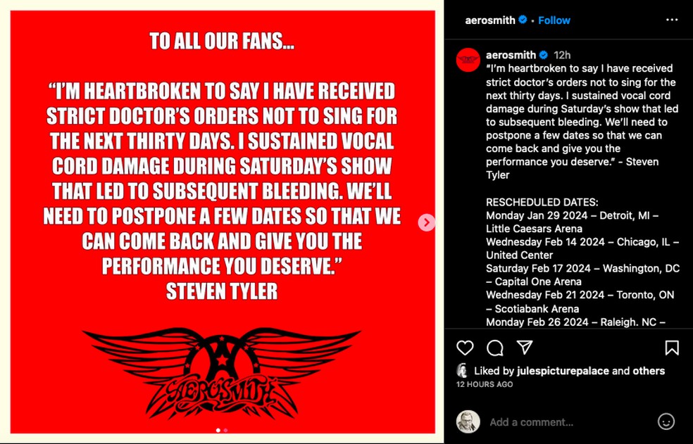 O post na página oficial do Aerosmith no Instagram informando o cancelamento de seis shows do grupo — Foto: Instagram
