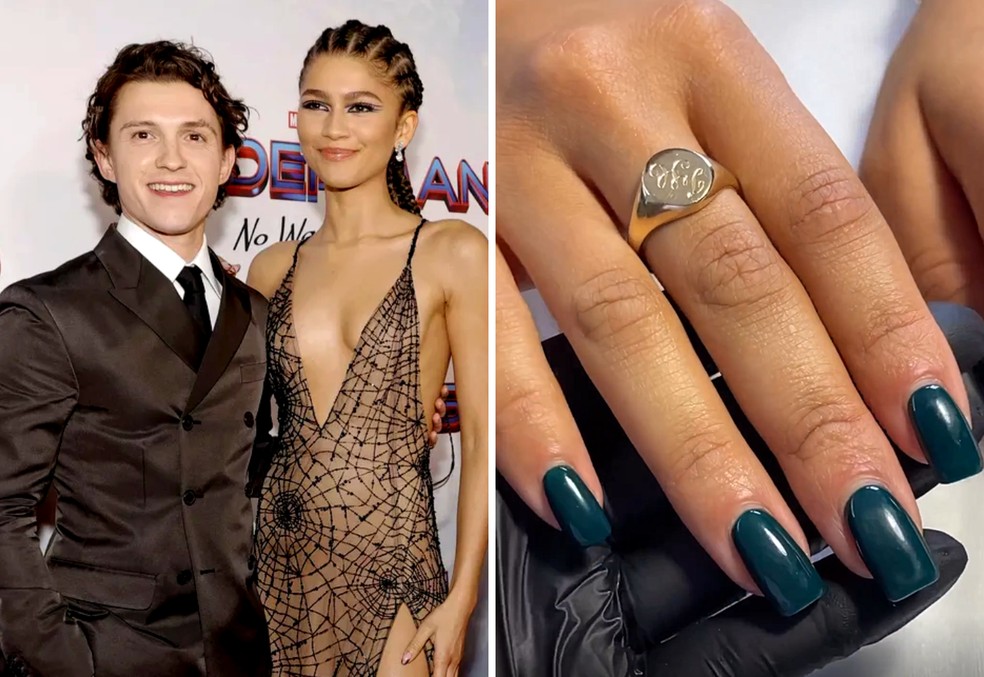 Tom Holland e Zendaya; close do anel da atriz com homenagem ao namorado — Foto: Getty Images; Reprodução/Instagram