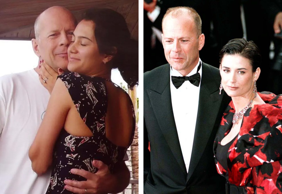 Bruce Willis com Emma Heming, sua atual esposa (à esquerda), e com Demi Moore (à direita) — Foto: Instagram; Getty Images
