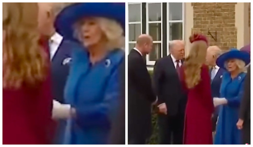 O toque da Rainha Consorte Camilla em Kate Middleton durante a recepção da realeza a Donald e Melania Trump no Palácio de Windsor — Foto: Reprodução