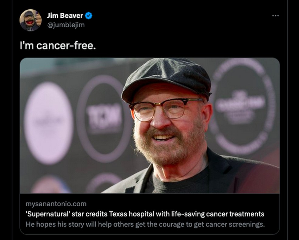 O post do ator Jim Beaver falando sobre seu tratamento contra um câncer — Foto: Twitter