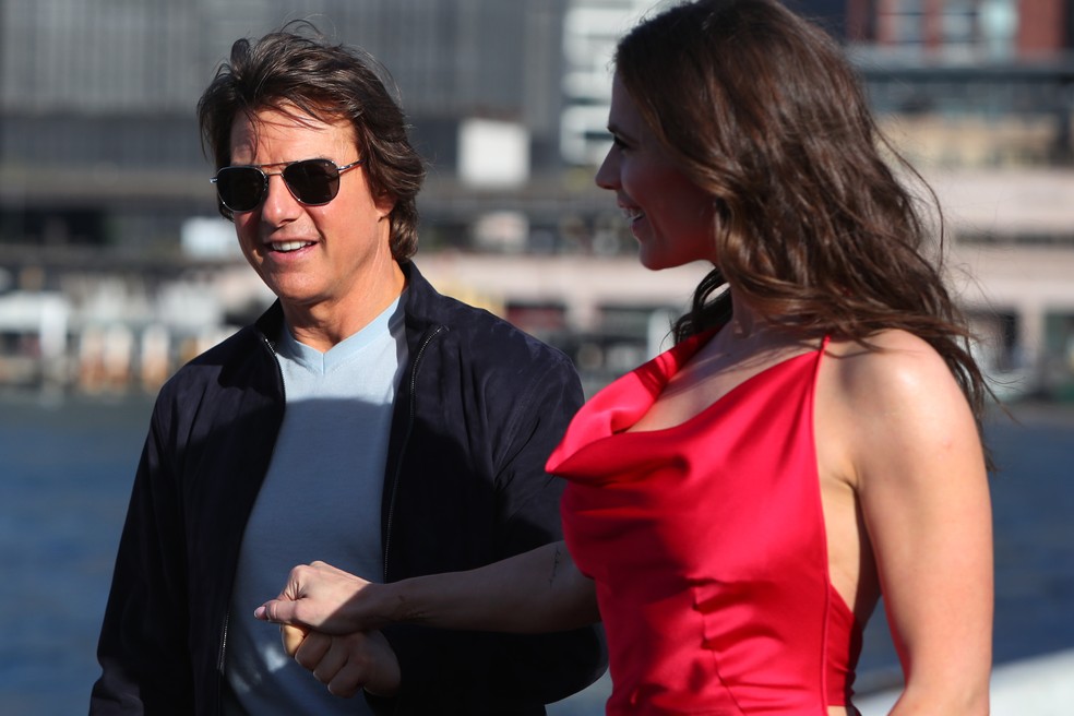 Tom Cruise e Hayley Atwell no lançamento de Missão: Impossível – Acerto De Contas Parte 1 (2023) na Austrália — Foto: Getty Images