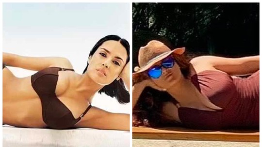 Salma Hayek faz antes e depois para mostrar mesma pose nos anos 1990 e 2020