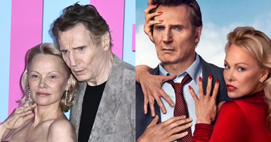 Pamela Anderson e Liam Neeson no tapete vermelho e em pôster do remake de 'Corra que a Polícia Vem Aí!'