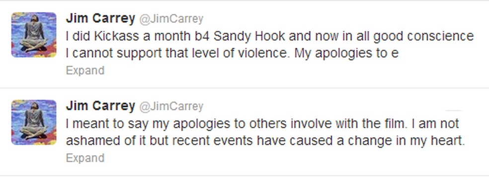 Tweets originais de Jim Carrey em 2013, à época do lançamento de 'Kick Ass 2' — Foto: Reprodução