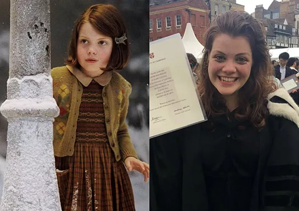 Georgie Henley: antes (em 'Crônicas de Nárnia') e depois — Foto: Divulgação; Twitter