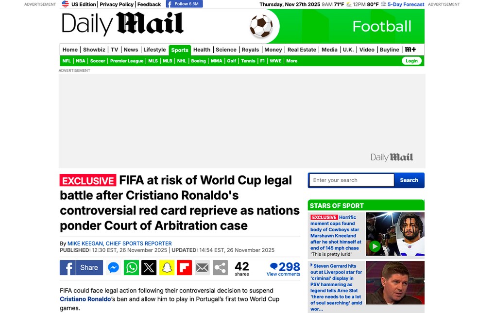 Reportagem do jornal Daily Mail sobre a manobra da FIFA que mudou a pena de Cristiano Ronaldo — Foto: Reprodução