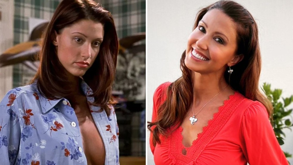 Shannon Elizabeth em 'American Pie - A Primeira Vez é Inesquecível' (1999) e recentemente — Foto: Divulgação/Instagram