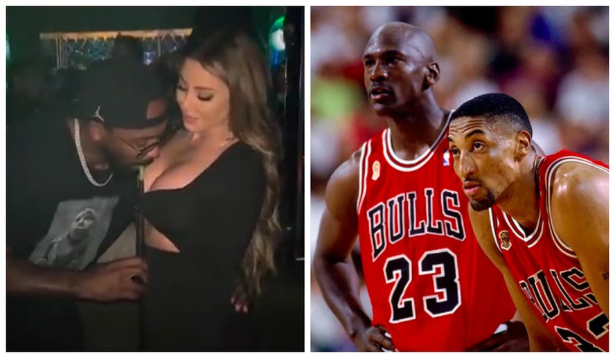 Marcus Jordan fumando entre os peitos de Larsa Pippen, ex-esposa de Scottie Pippen, grande parceiro de Michael Jordan no Chicago Bulls