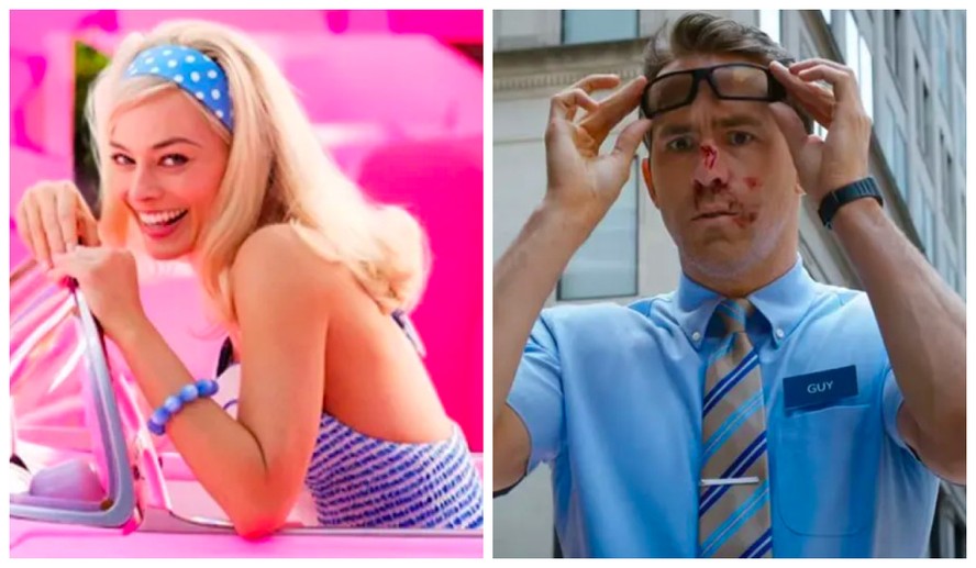 Margot Robbie em Barbie (2023) e Ryan Reynolds em Free Guy (2021)