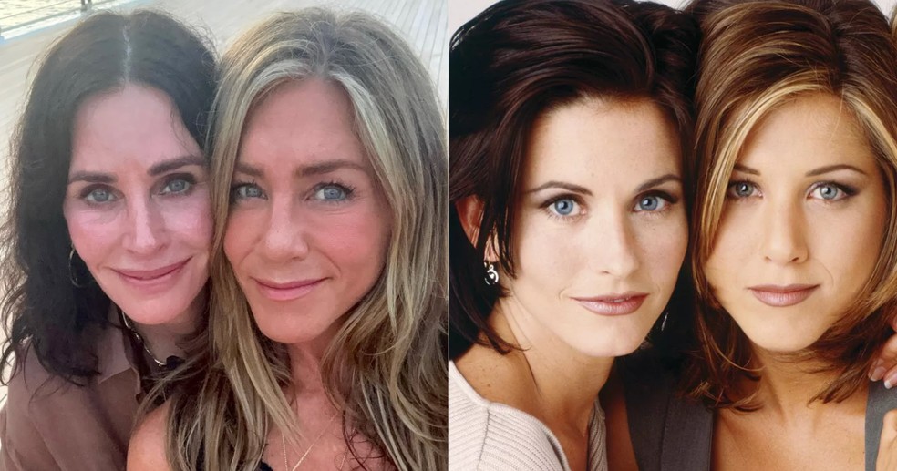 Courteney Cox e Jennifer Aniston em registro recente e nos tempos de 'Friends' — Foto: Reprodução