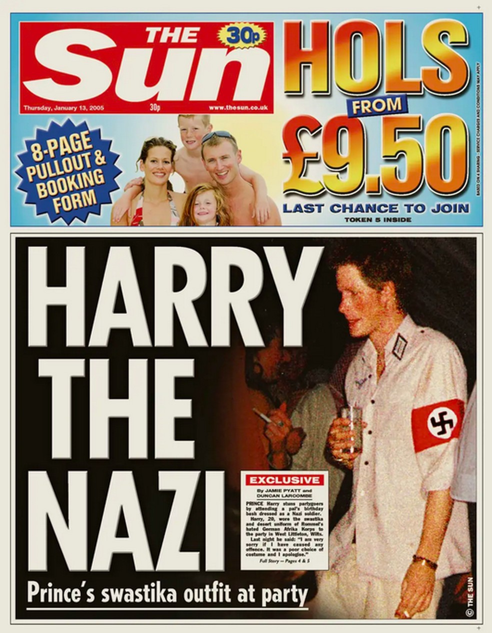 O flagrante de Harry fantasiado como oficial nazista em edição de 2005 do jornal The Sun — Foto: Reprodução