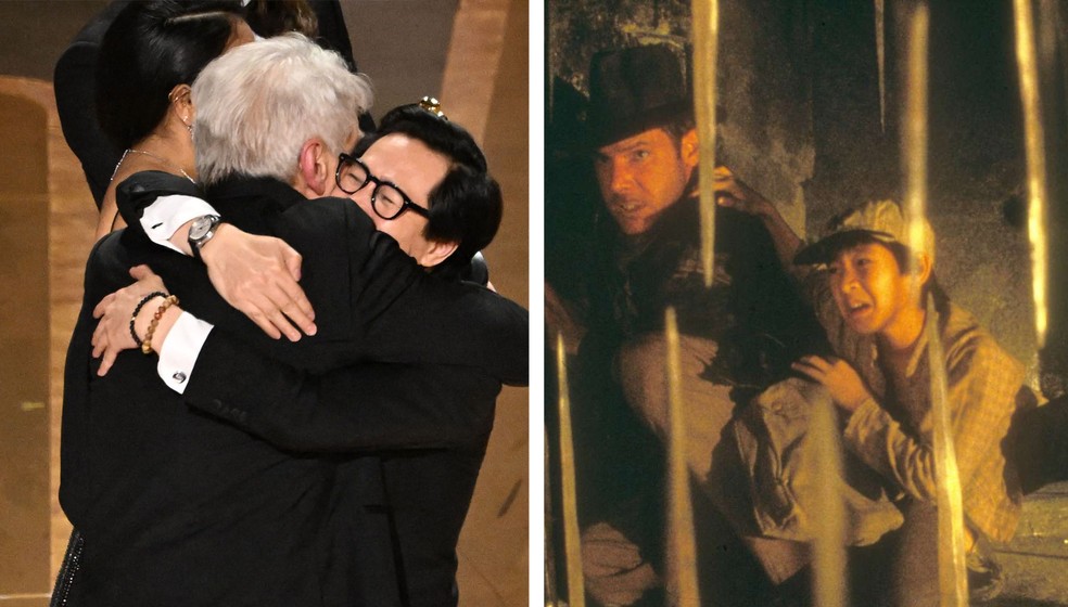 Harrison Ford e Ke Huy Quan no Oscar 2023 e em 'Indiana Jones e o Templo da Perdição', de 1984 — Foto: Getty Images; diulgação
