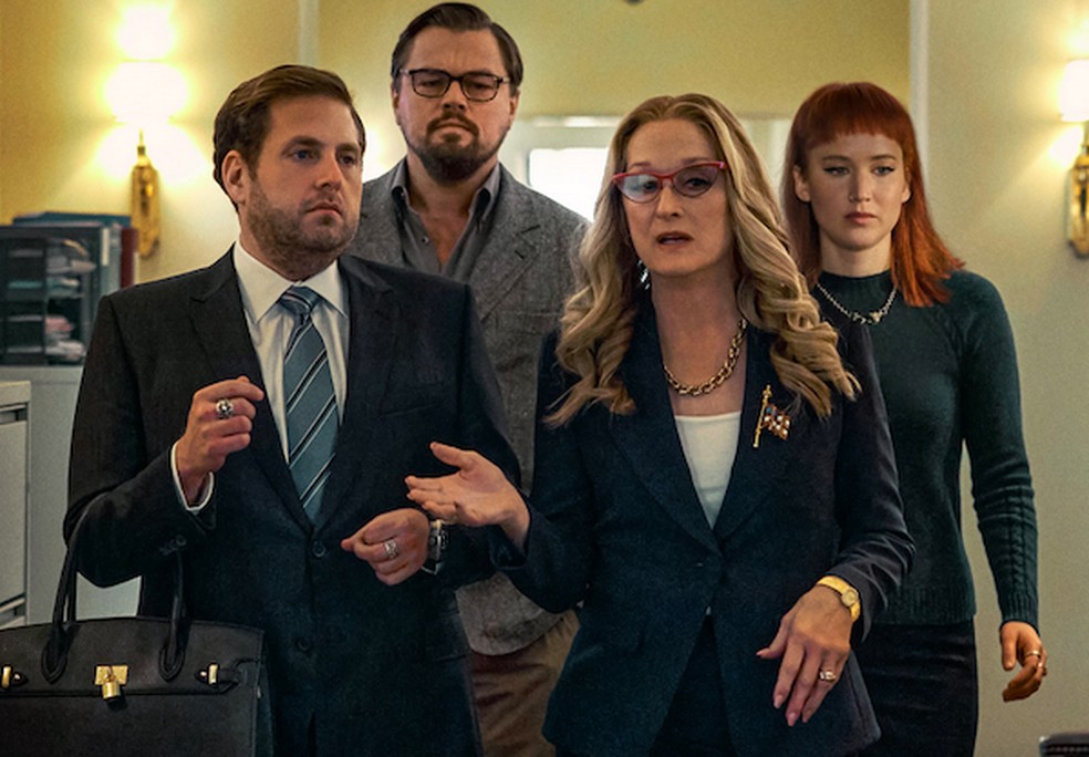 Leonardo DiCaprio, Jonah Hill, Meryl Streep e Jennifer Lawrence em cena de Não Olhe para Cima (2021) — Foto: Reprodução