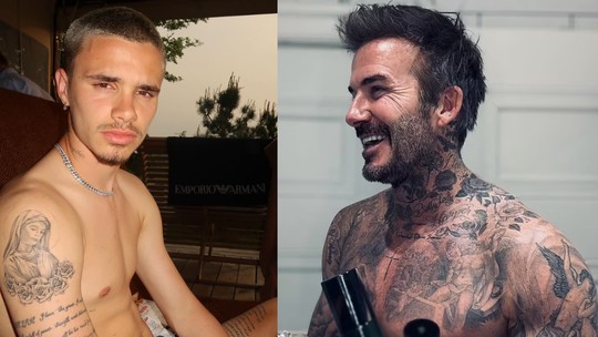 Filho de Beckham posa sem camisa dias após o pai e semelhança surpreende: 'Tal pai, tal filho'