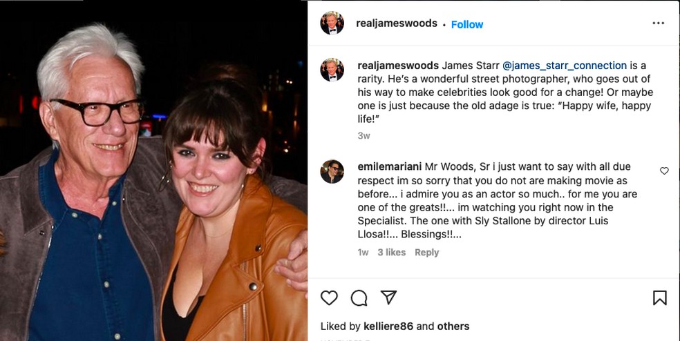 O post do ator James Woods revelando seu casamento — Foto: Instagram
