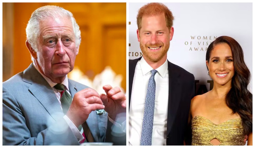 O Rei Charles III e o casal composto pelo Príncipe Harry e pela atriz e Duquesa Meghan Markle — Foto: Getty Images