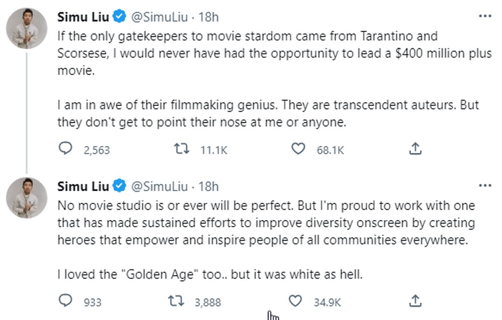 Os tweets de Simu Liu — Foto: reprodução / Twitter