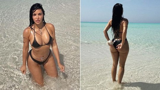 Kim Kardashian é aclamada por deixar celulite à mostra em fotos em praia paradisíaca e descumprir promessa
