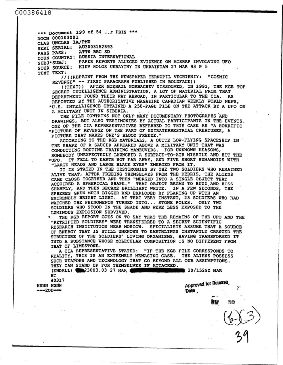 Documento da CIA que relata encontro entre soldados soviéticos e alienígenas — Foto: reprodução