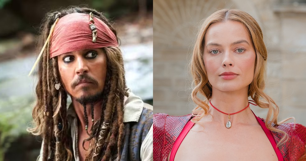 Johnny Depp no set da franquia 'Piratas do Caribe'; Margot Robbie — Foto: Getty