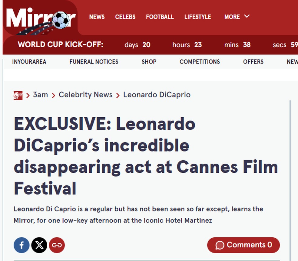 A matéria do Mirror sobre o sumiço de Leonardo DiCaprio em Cannes 2026 — Foto: Reprodução