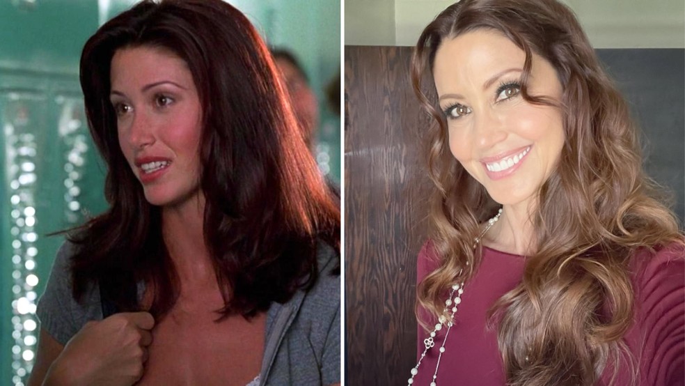 Shannon Elizabeth em American Pie: A Primeira Vez é Inesquecível (1999); ela em foto recente — Foto: Reprodução